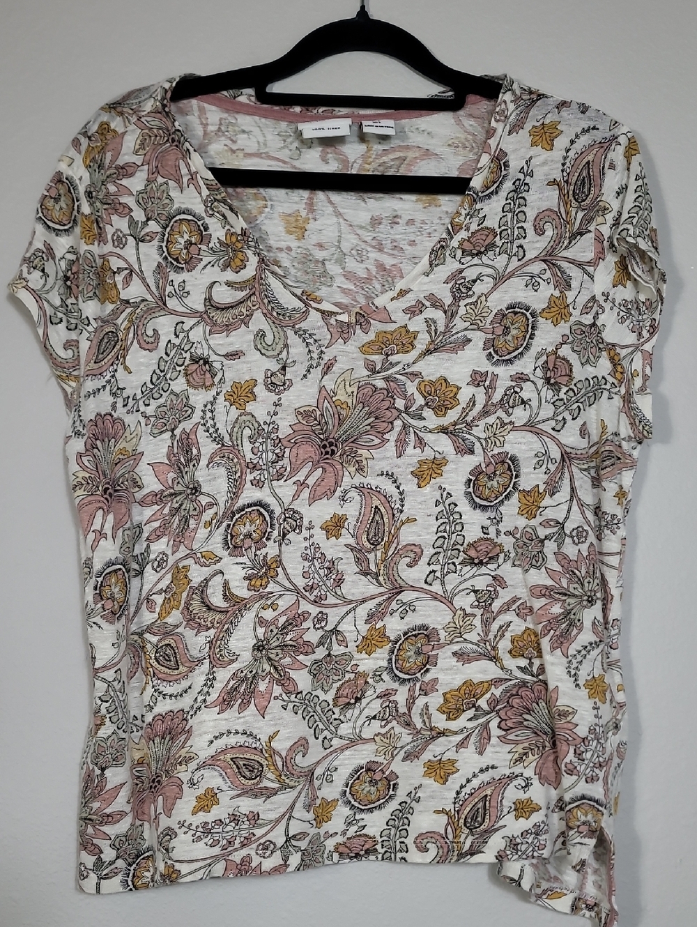 Rachel Zoe Linen Floral Top Size Large Earthy Short Sleeve Blouse Coastal Boho